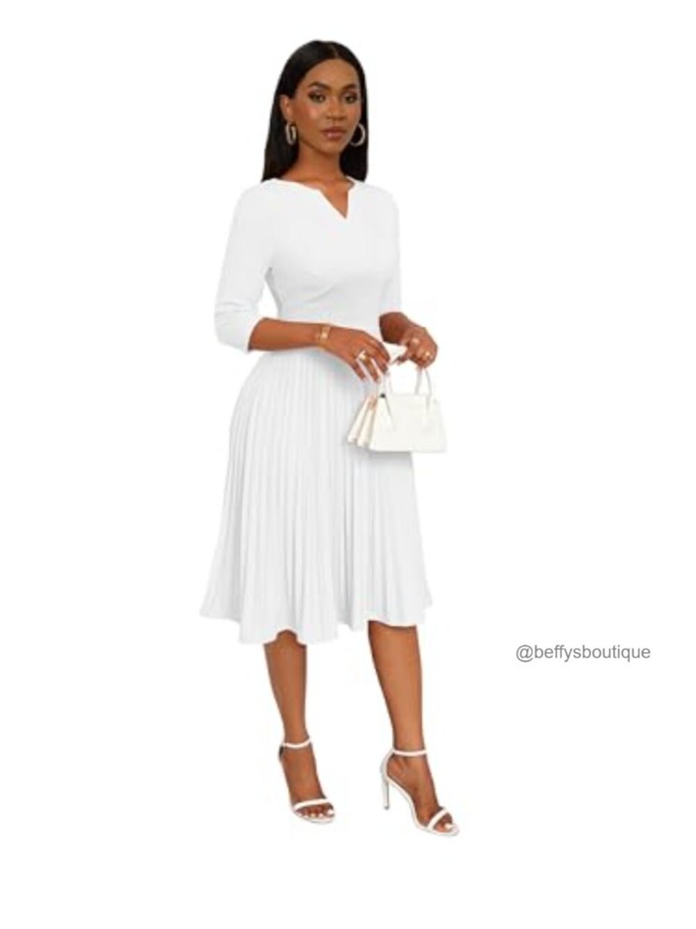 Midi Dress, 3/4 Sleeve A-Line Pleated V-Neck Cocktail Wedding Guest Dress - Picture 4 of 6